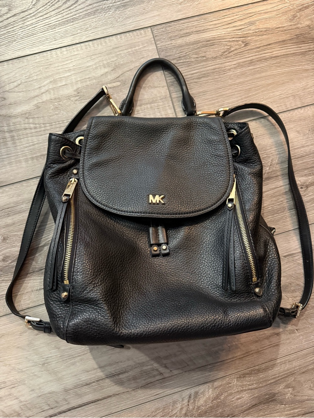 Michael Kors Black Pebbled Leather Drawstring Backpack with Gold Hardware